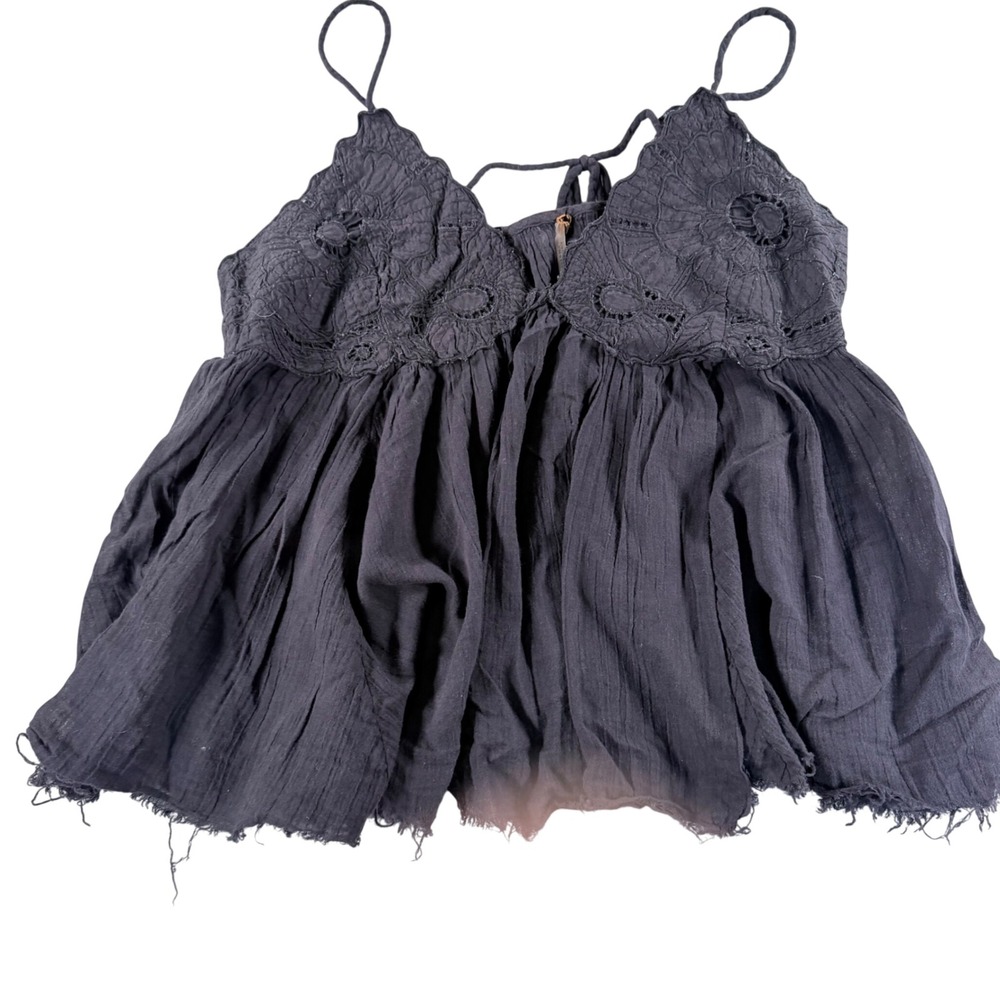Free People Camisole Women Large Charcoal Embroidered Gauze Babydoll Top